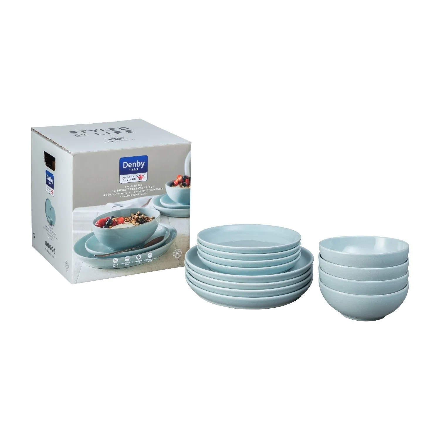 12 piece Set of Tableware - Pale Blue