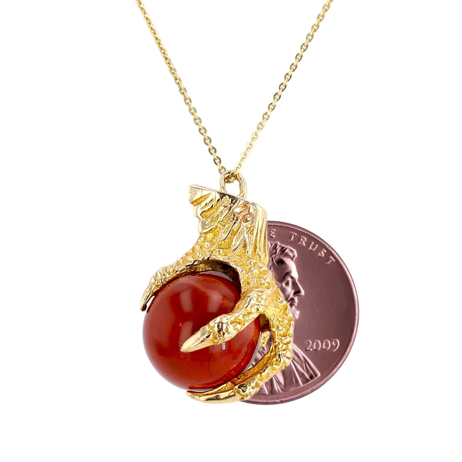 14K Yellow gold 3D solid eagle Claws holding red jasper ball necklace-14887