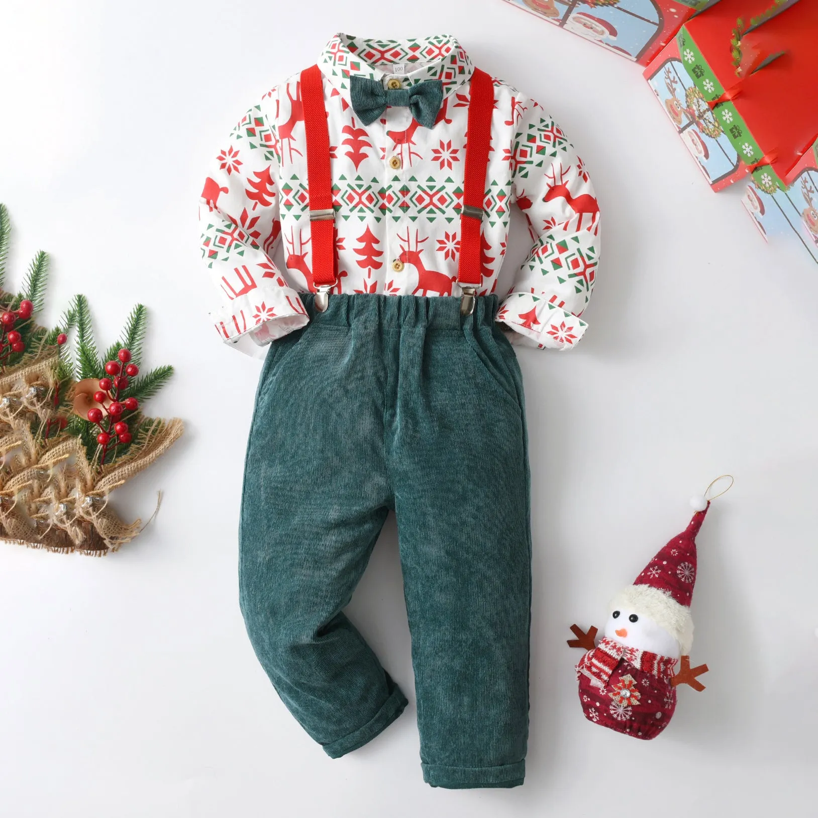 2 Pieces Set Baby Kid Boys Christmas Cartoon Print Tops And Solid Color Pants Wholesale 23082864