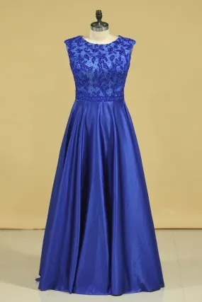 2024 Plus Size A Line Prom Dresses Scoop Dark Royal Blue Satin Cap Sleeves PXZZKEGF