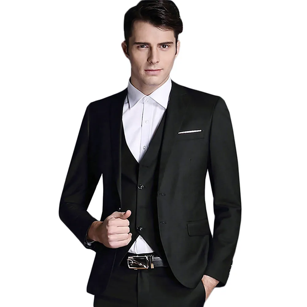 3-Piece Notched Lapel Casual Black Suit