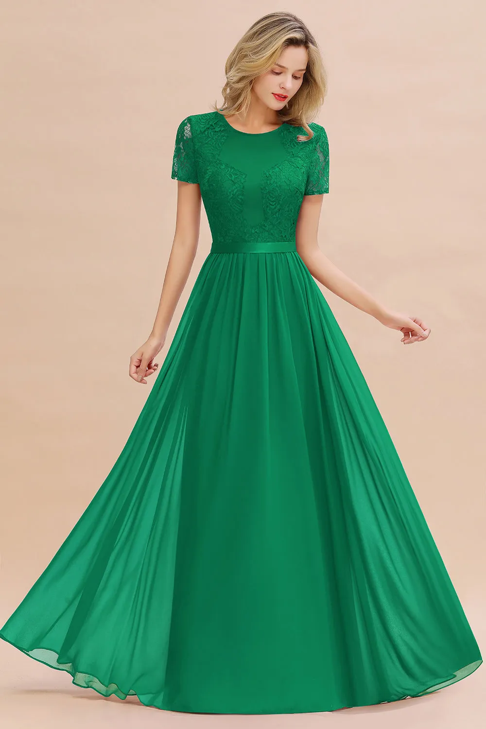 A-line Chiffon Lace Scoop Long Bridesmaid Dress with Sleeves