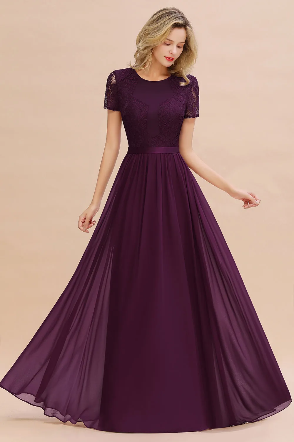 A-line Chiffon Lace Scoop Long Bridesmaid Dress with Sleeves