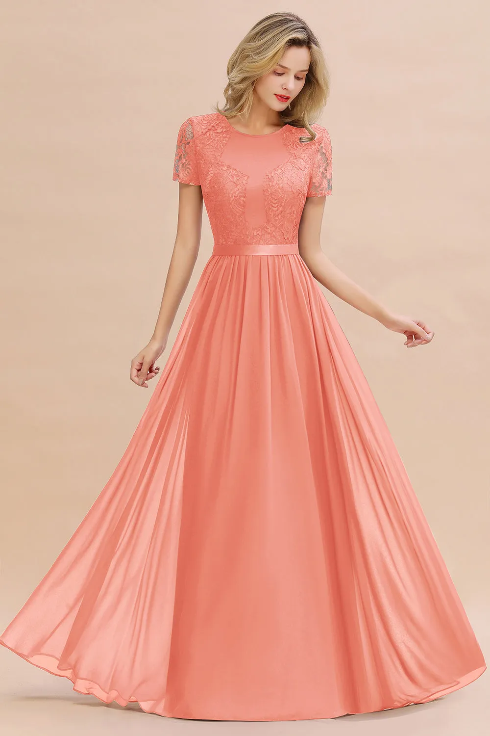 A-line Chiffon Lace Scoop Long Bridesmaid Dress with Sleeves