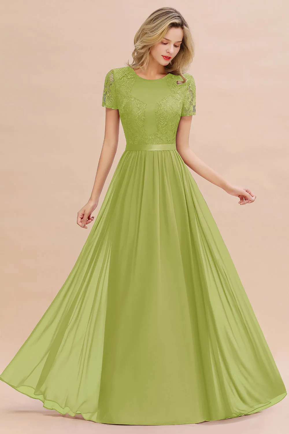 A-line Chiffon Lace Scoop Long Bridesmaid Dress with Sleeves