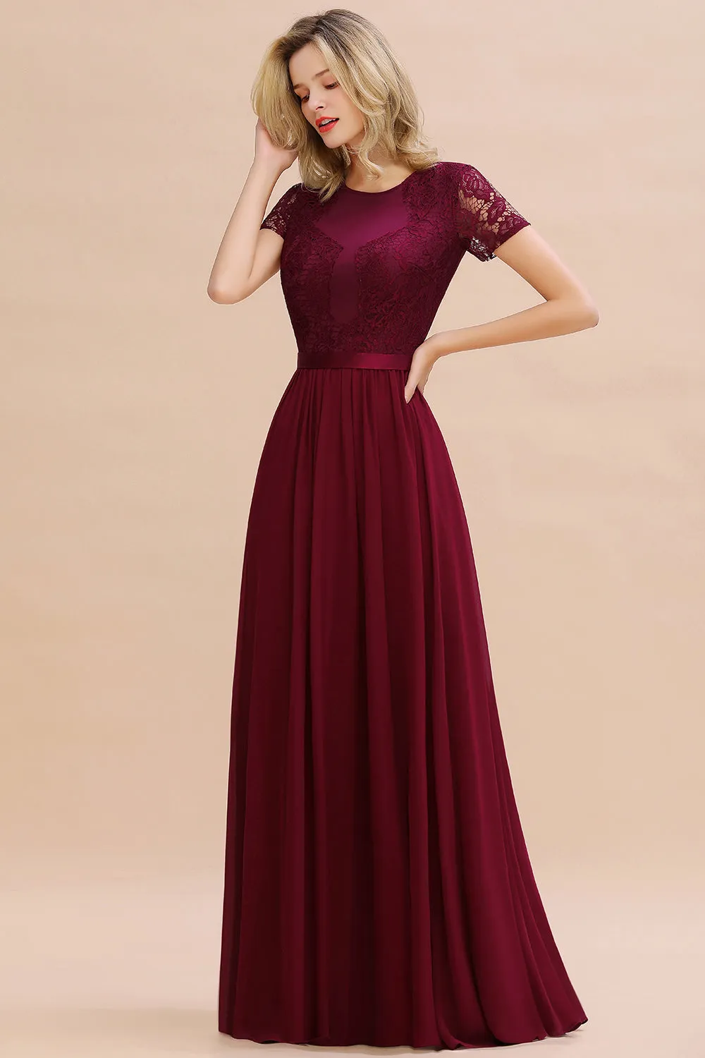 A-line Chiffon Lace Scoop Long Bridesmaid Dress with Sleeves