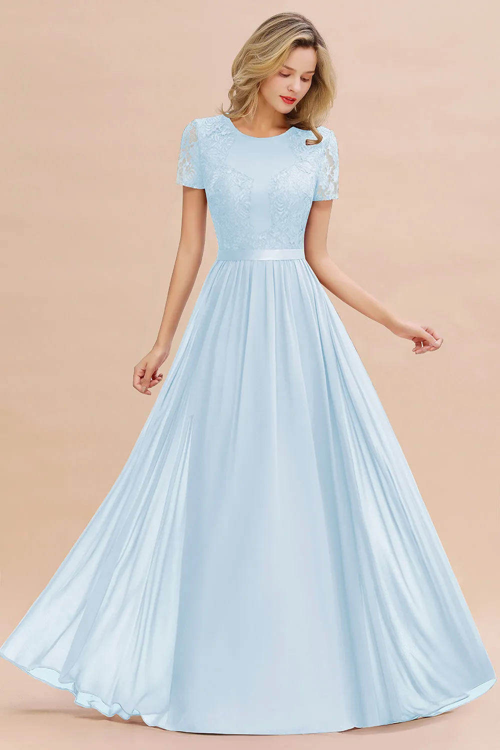 A-line Chiffon Lace Scoop Long Bridesmaid Dress with Sleeves