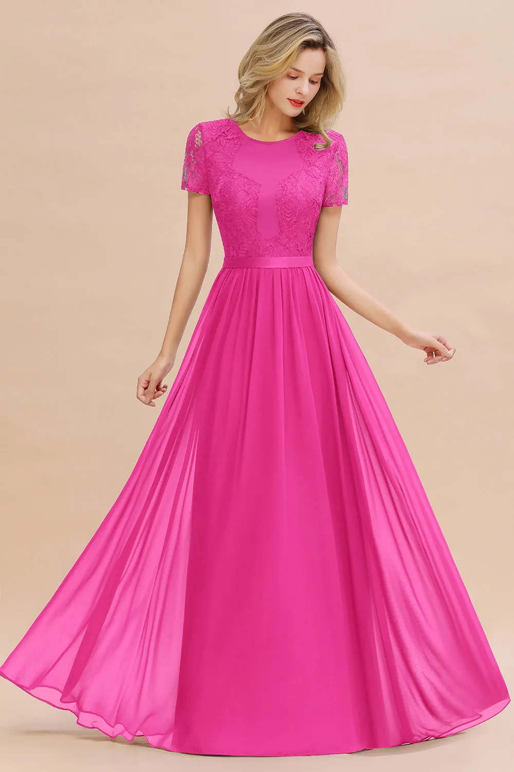 A-line Chiffon Lace Scoop Long Bridesmaid Dress with Sleeves