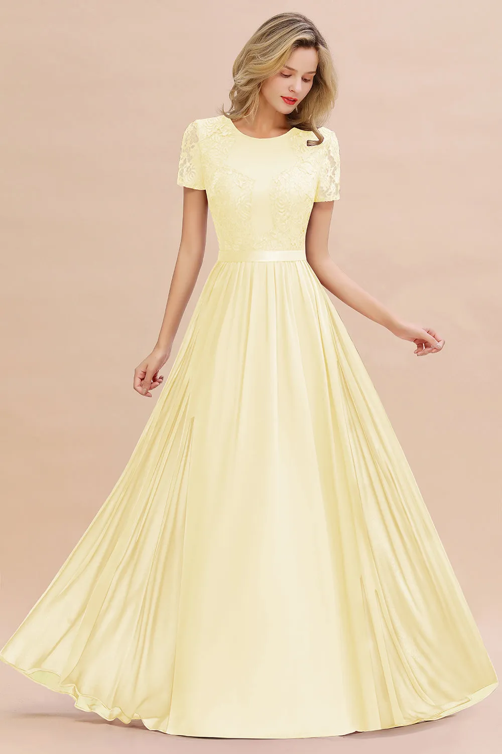 A-line Chiffon Lace Scoop Long Bridesmaid Dress with Sleeves