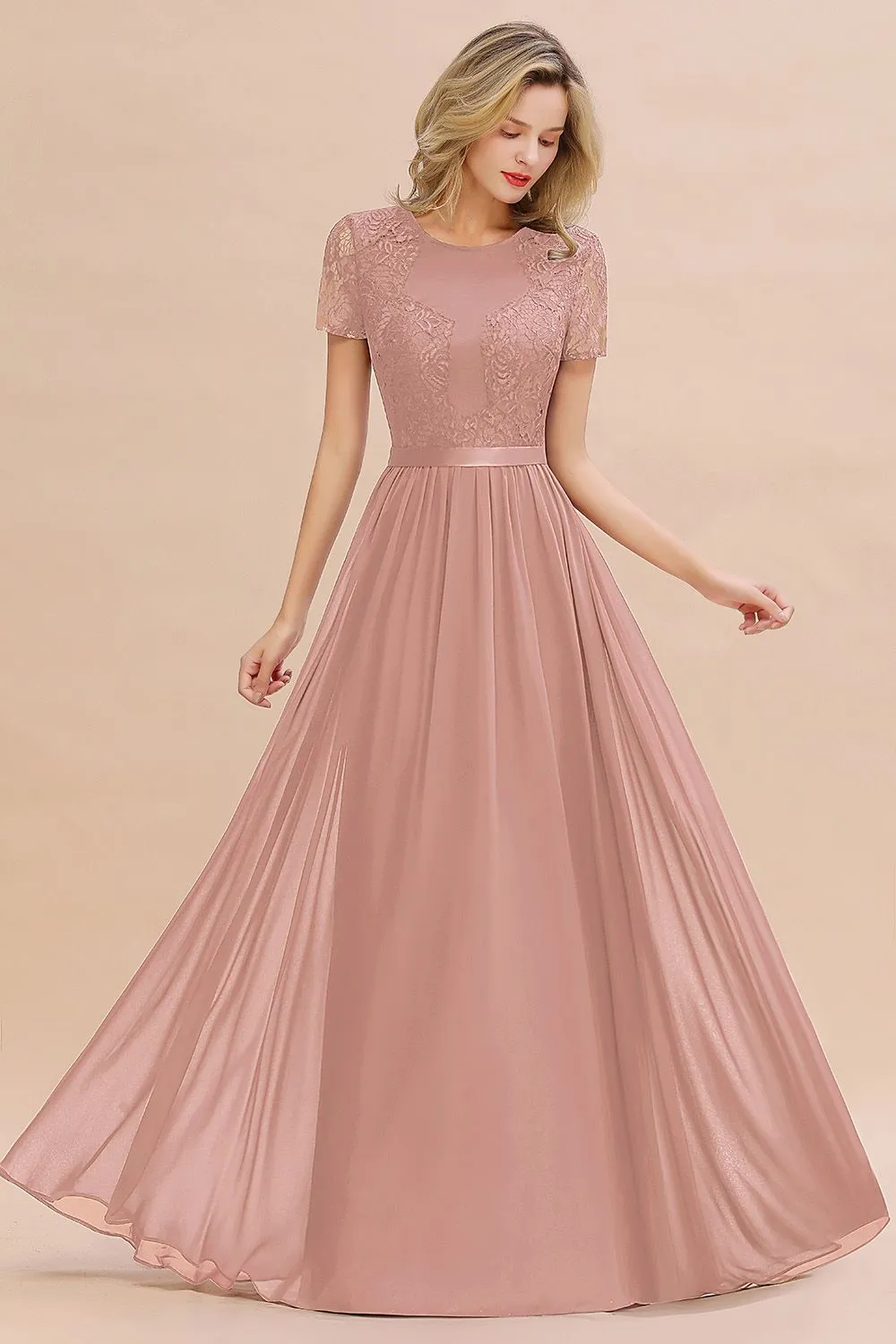 A-line Chiffon Lace Scoop Long Bridesmaid Dress with Sleeves