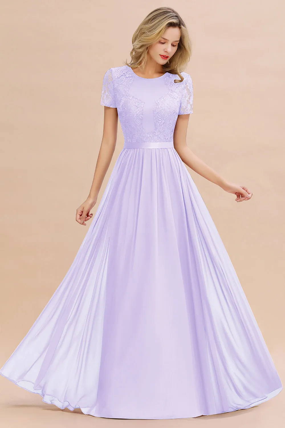 A-line Chiffon Lace Scoop Long Bridesmaid Dress with Sleeves