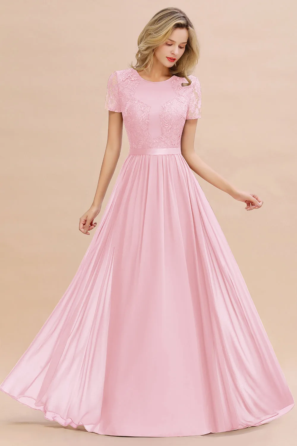 A-line Chiffon Lace Scoop Long Bridesmaid Dress with Sleeves