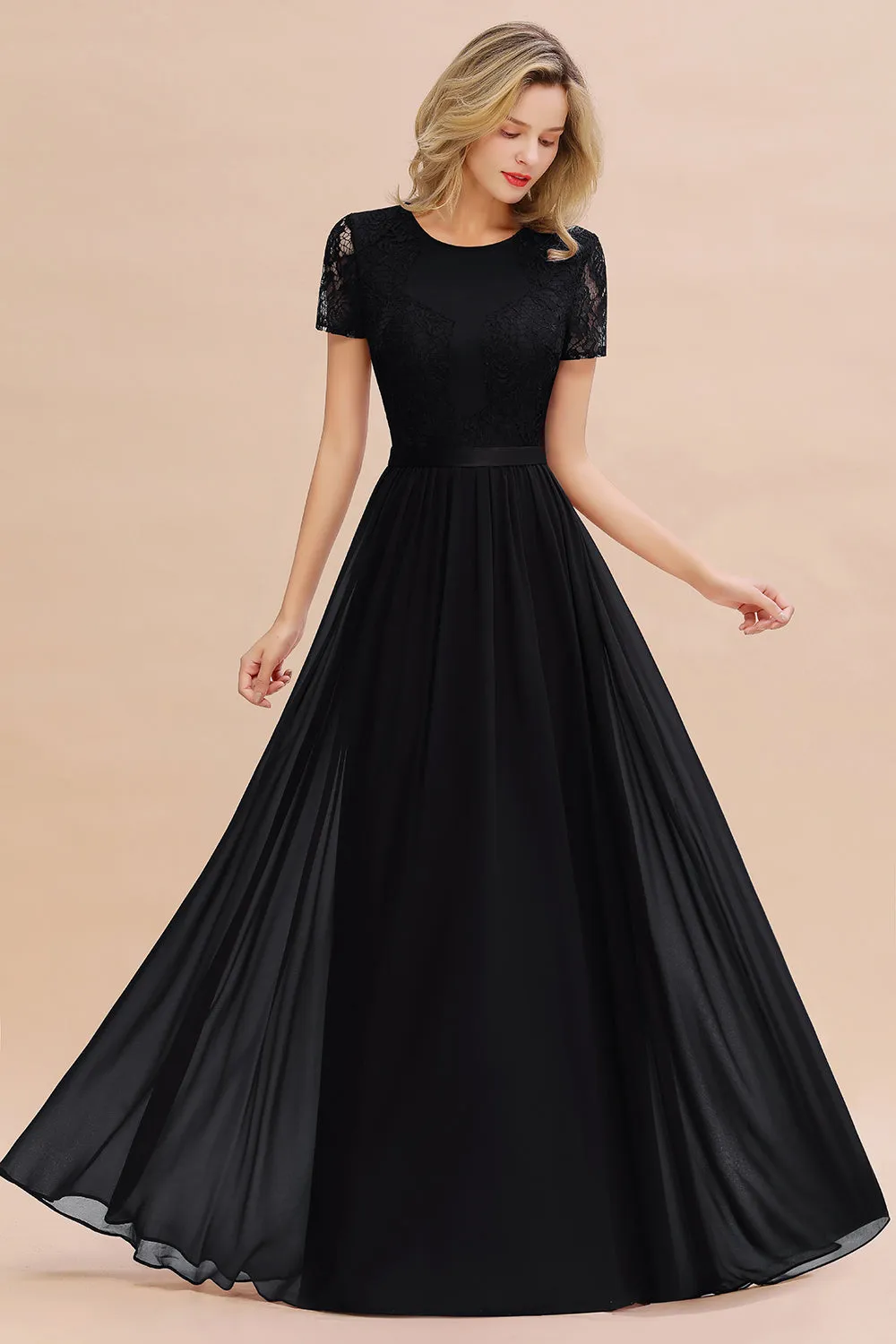 A-line Chiffon Lace Scoop Long Bridesmaid Dress with Sleeves