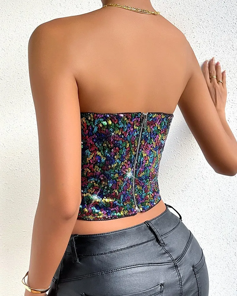 Allover Sequin Bandeau Corset Top