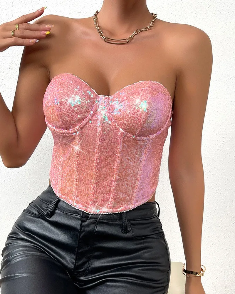 Allover Sequin Bandeau Corset Top