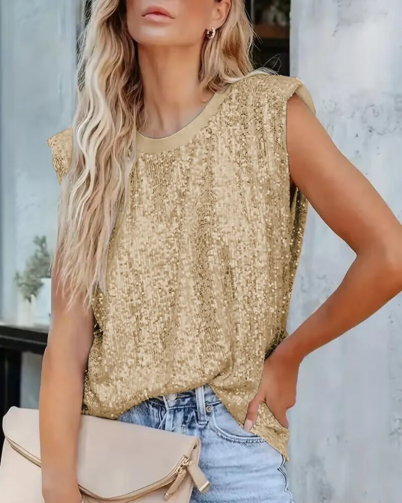 Allover Sequin Round Neck Tank Top