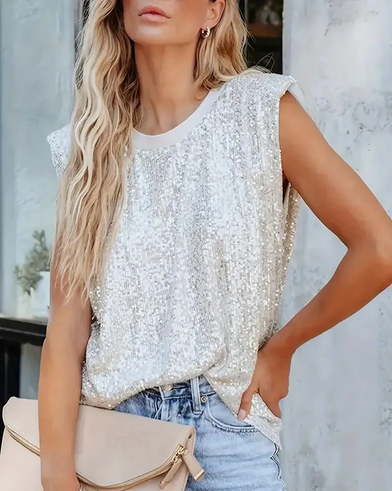 Allover Sequin Round Neck Tank Top