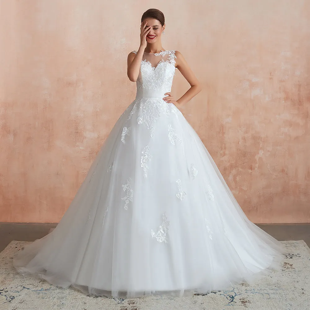 Amazing Long A-line Appliques Lace Tulle Wedding Dress