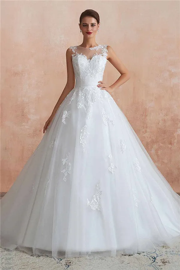 Amazing Long A-line Appliques Lace Tulle Wedding Dress