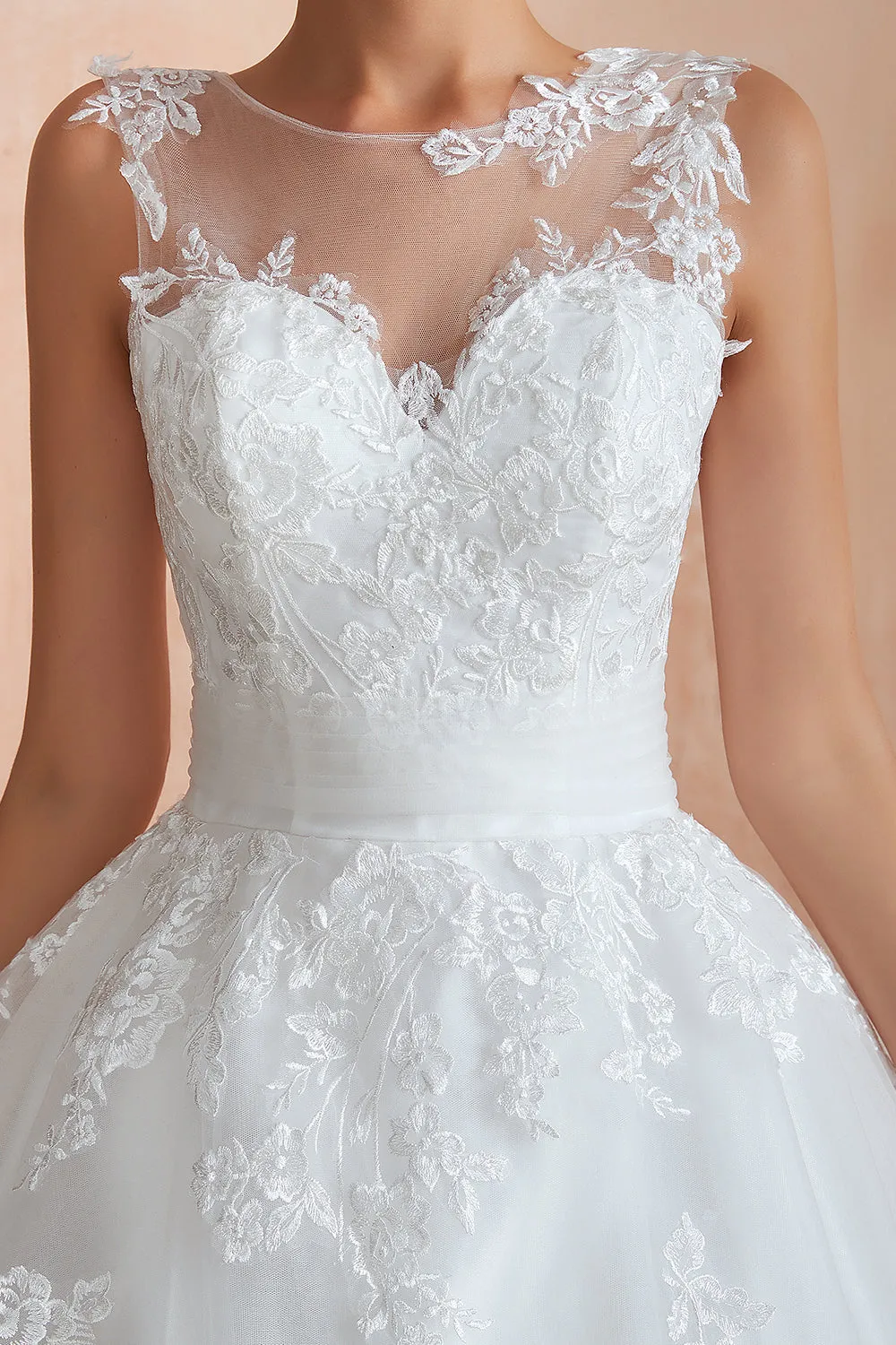 Amazing Long A-line Appliques Lace Tulle Wedding Dress