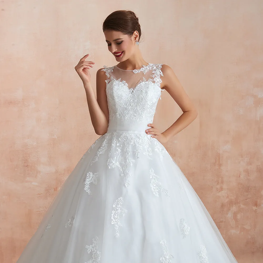 Amazing Long A-line Appliques Lace Tulle Wedding Dress