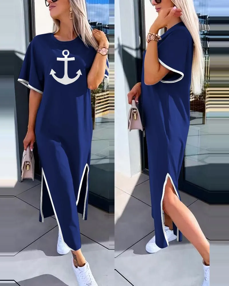 Anchor Print Slit Short Sleeve Casual Dress