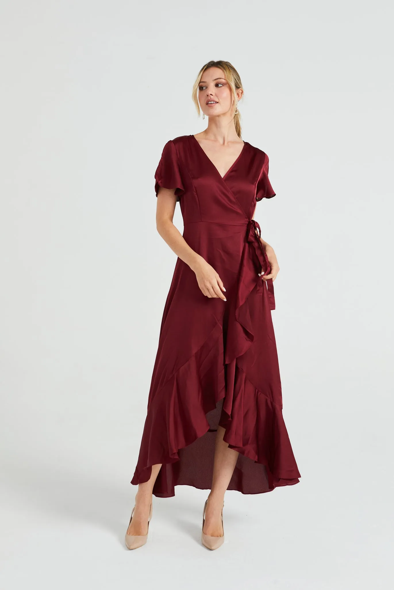 Angeleye Satin Wrap Maxi Dress With Ruffled Hem