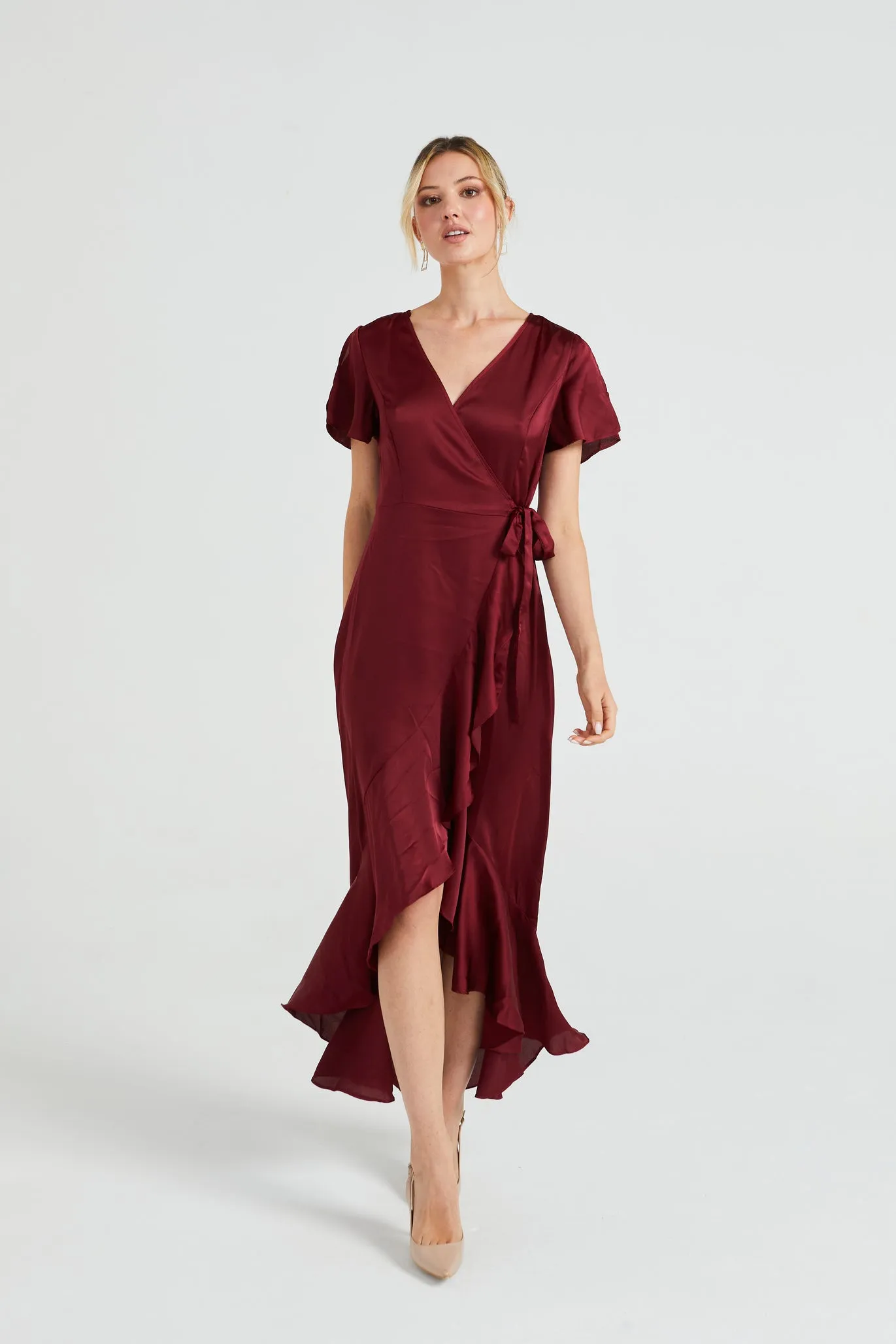 Angeleye Satin Wrap Maxi Dress With Ruffled Hem