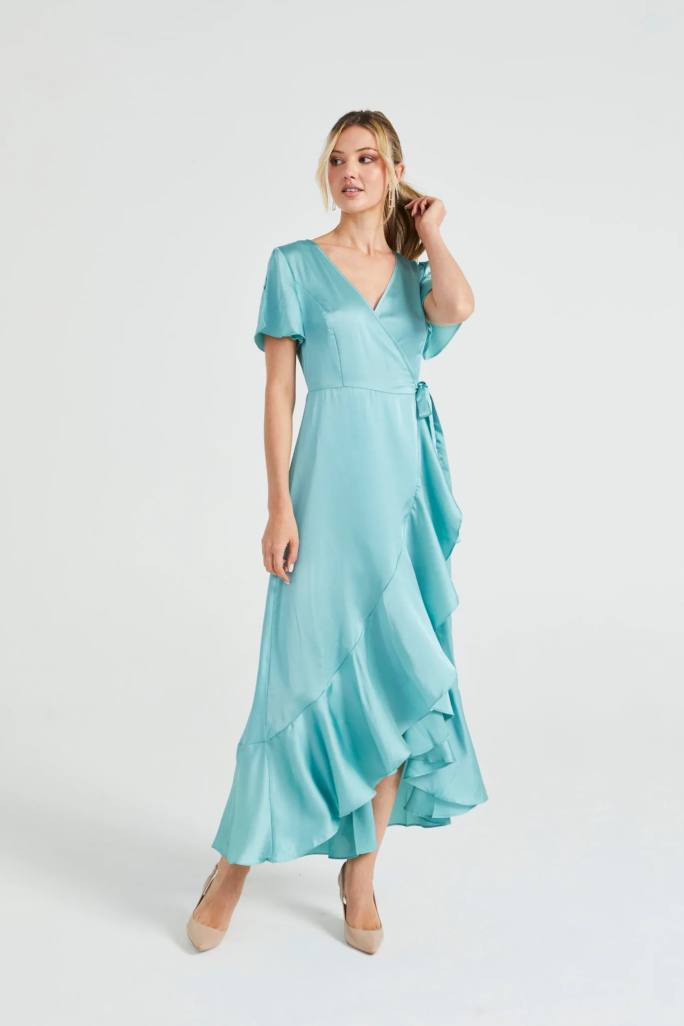 Angeleye Satin Wrap Maxi Dress With Ruffled Hem