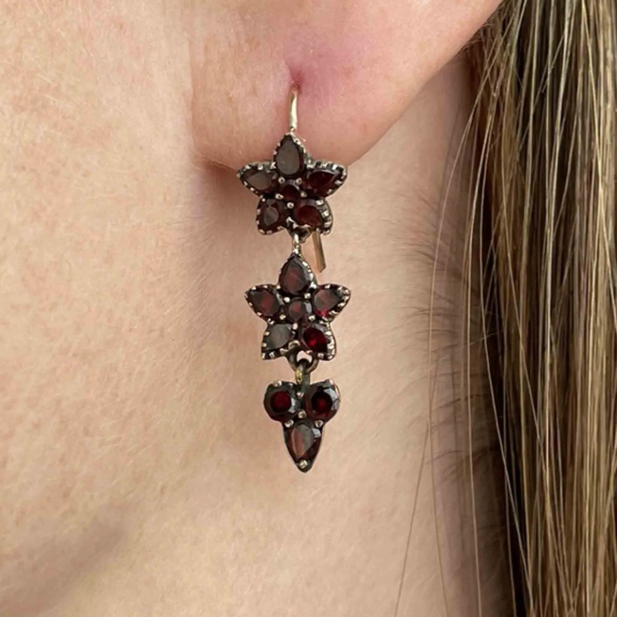 Antique Rolled Gold Garnet Star Earrings