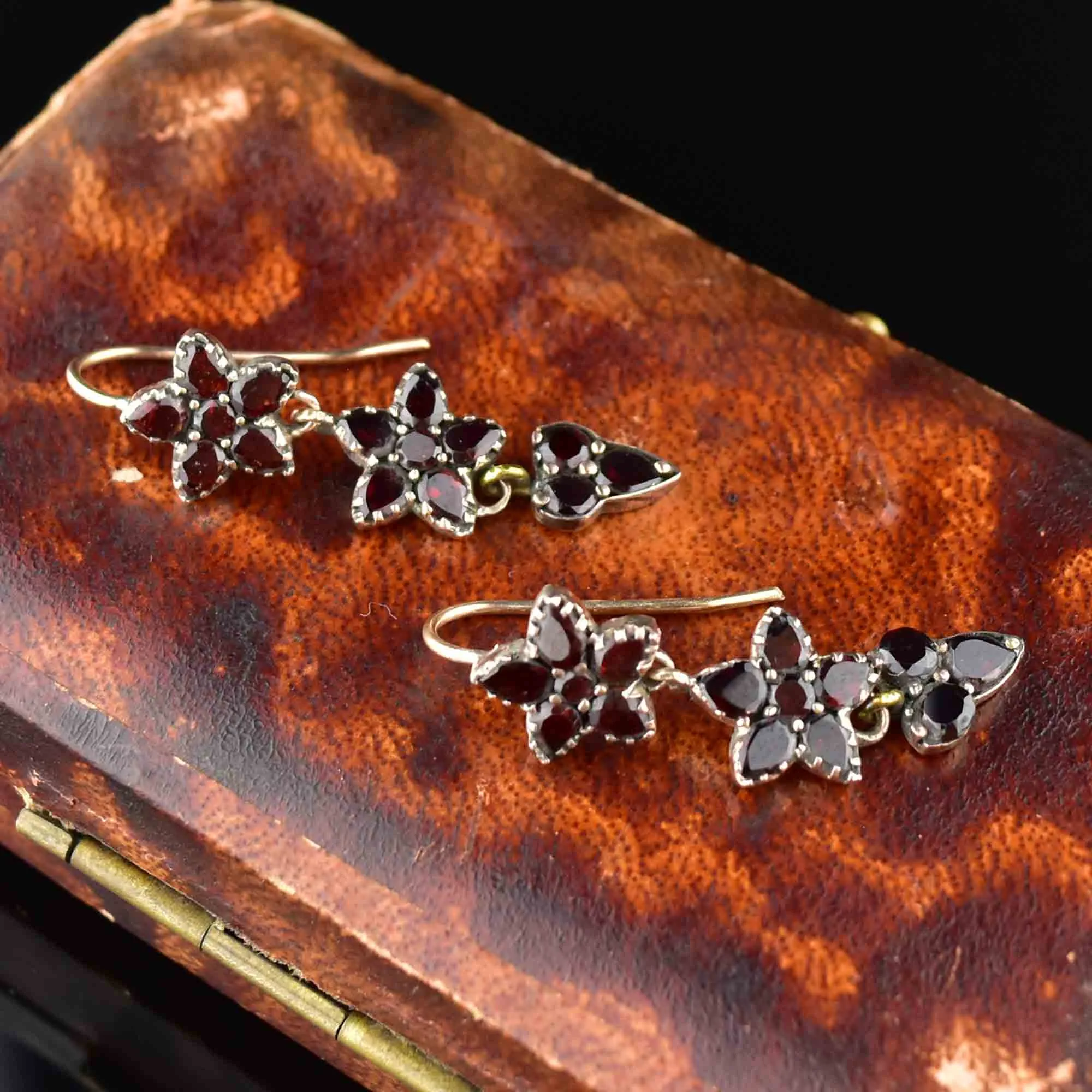 Antique Rolled Gold Garnet Star Earrings