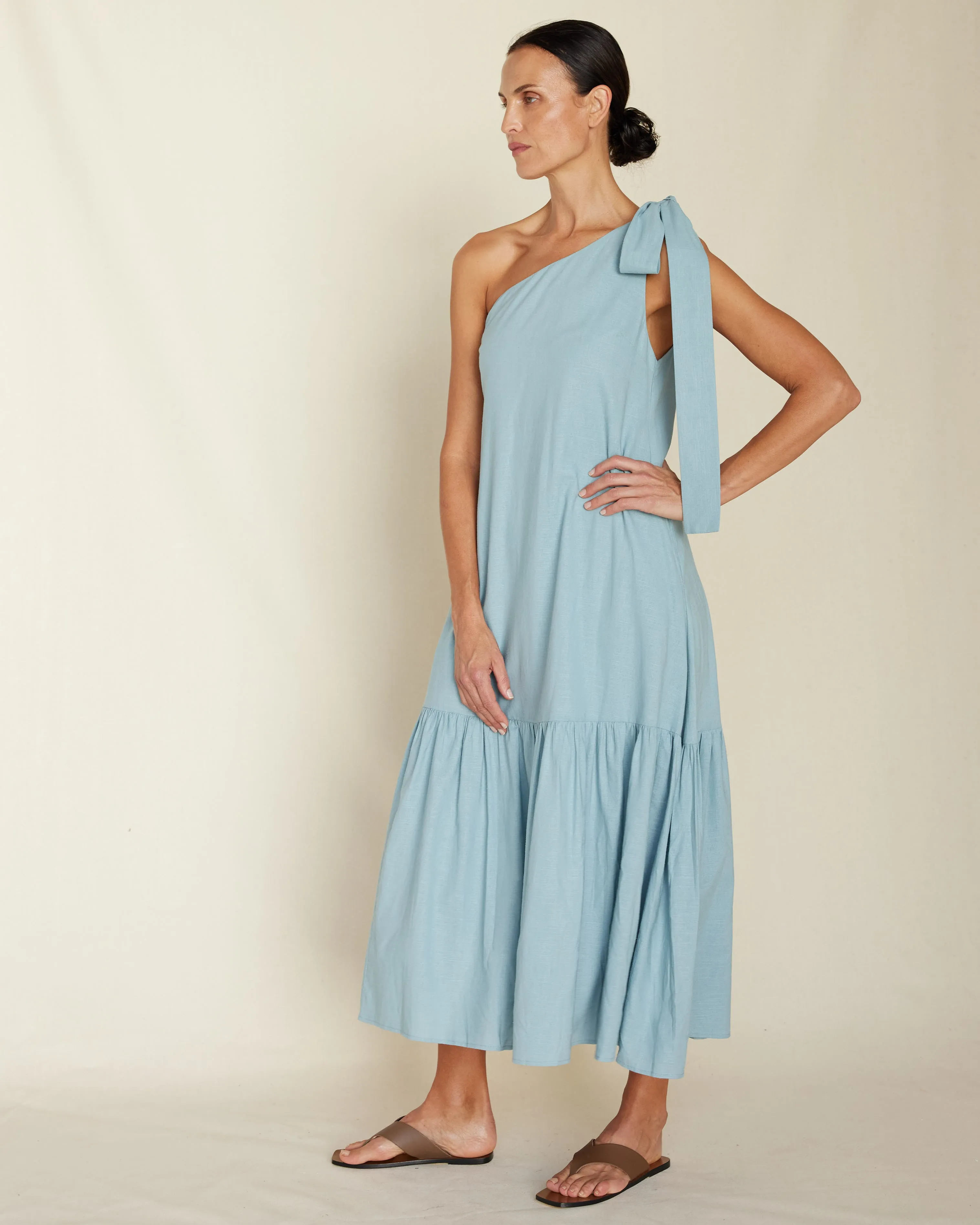 Aruba Linen One Shoulder Dress - Duckegg Blue