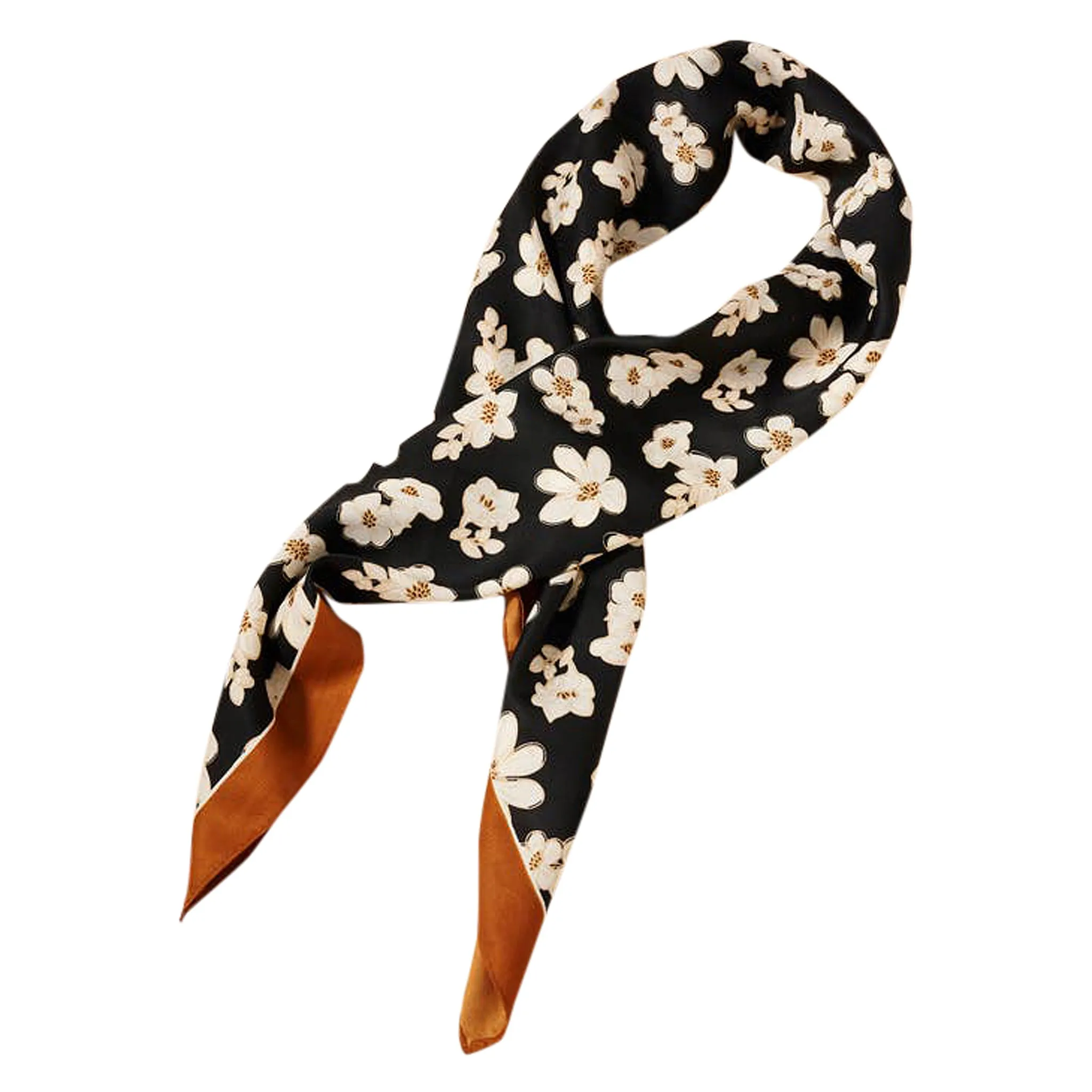 Avenue Zoe White Floral Printed Silky Bandana Scarf in Black and Orange Border