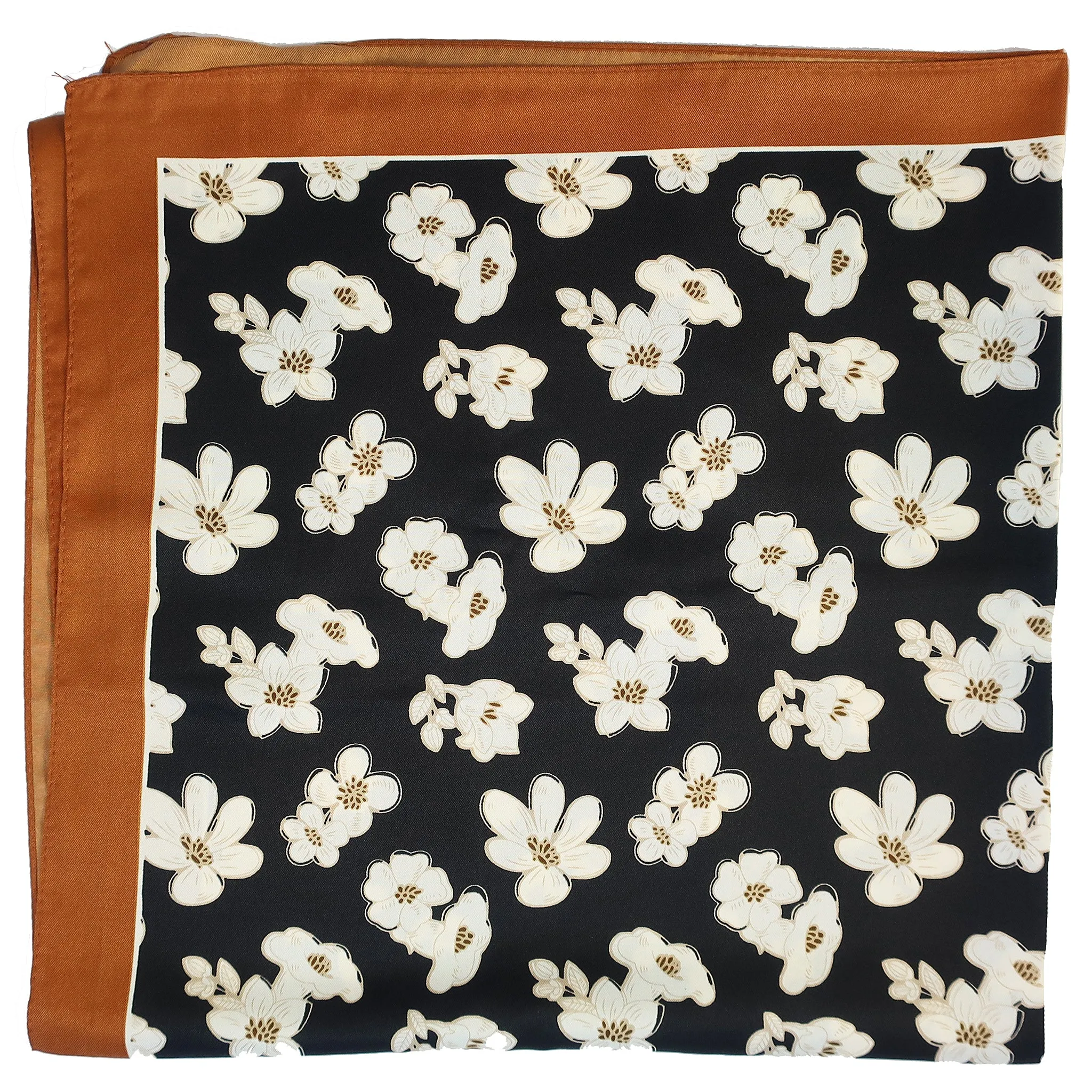 Avenue Zoe White Floral Printed Silky Bandana Scarf in Black and Orange Border