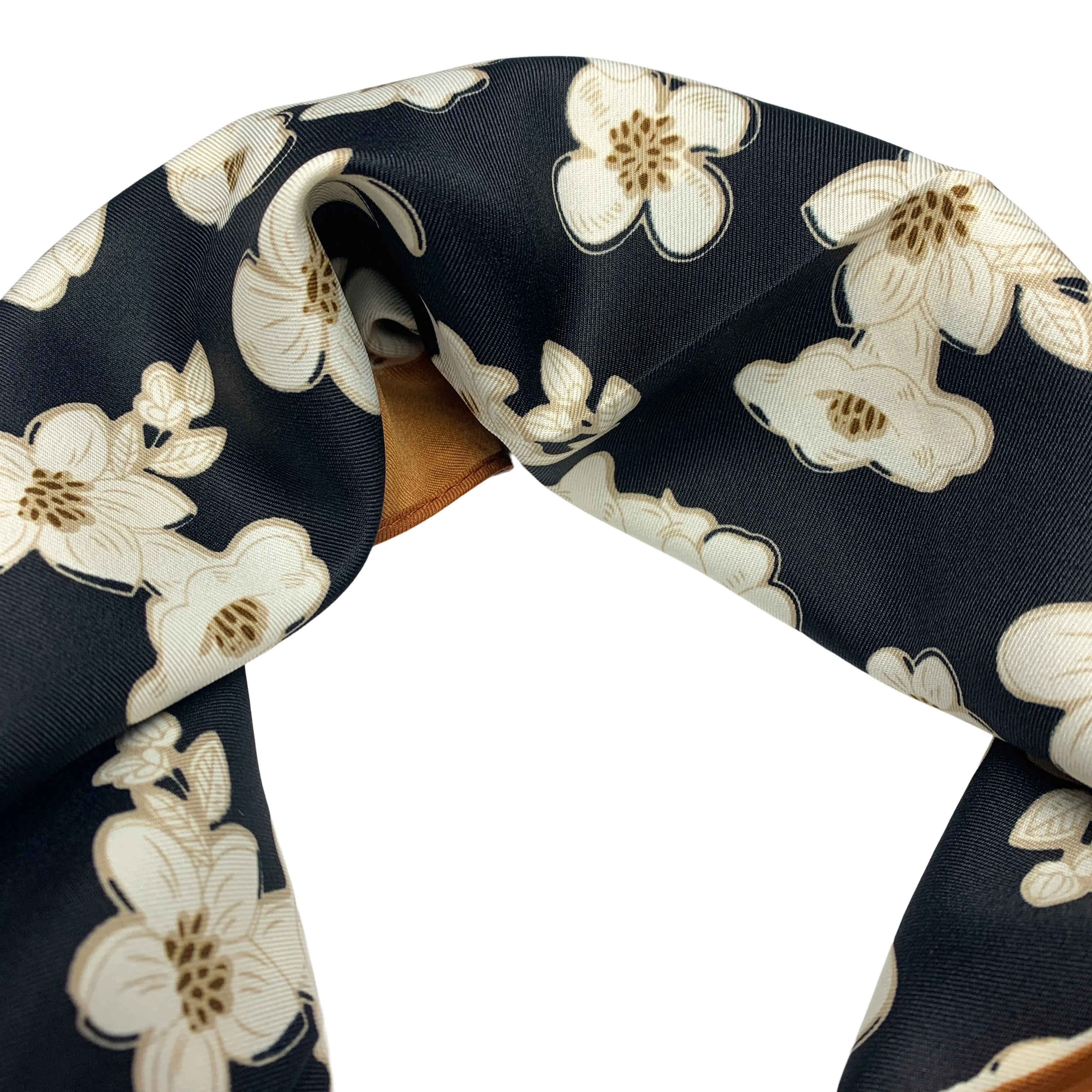 Avenue Zoe White Floral Printed Silky Bandana Scarf in Black and Orange Border