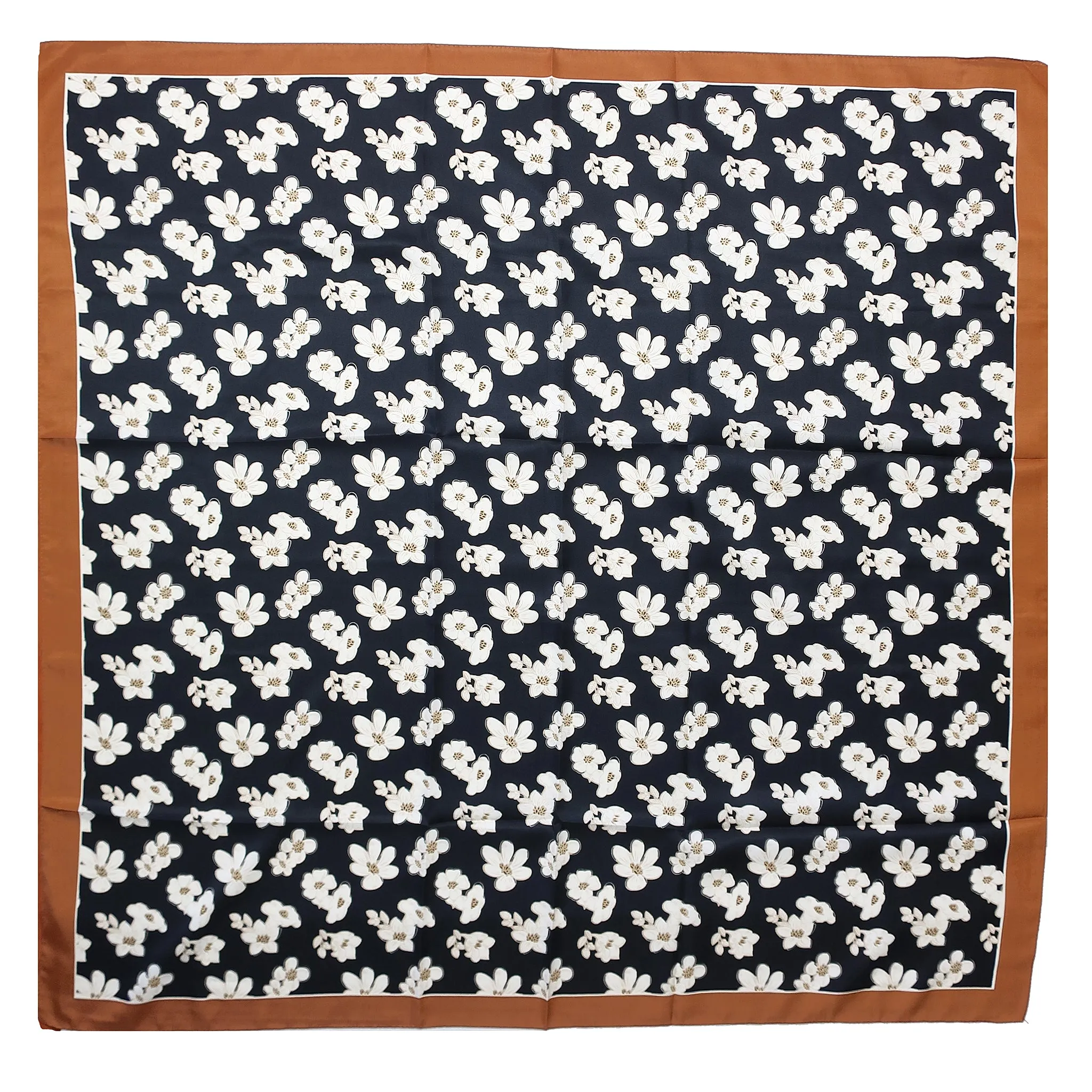 Avenue Zoe White Floral Printed Silky Bandana Scarf in Black and Orange Border