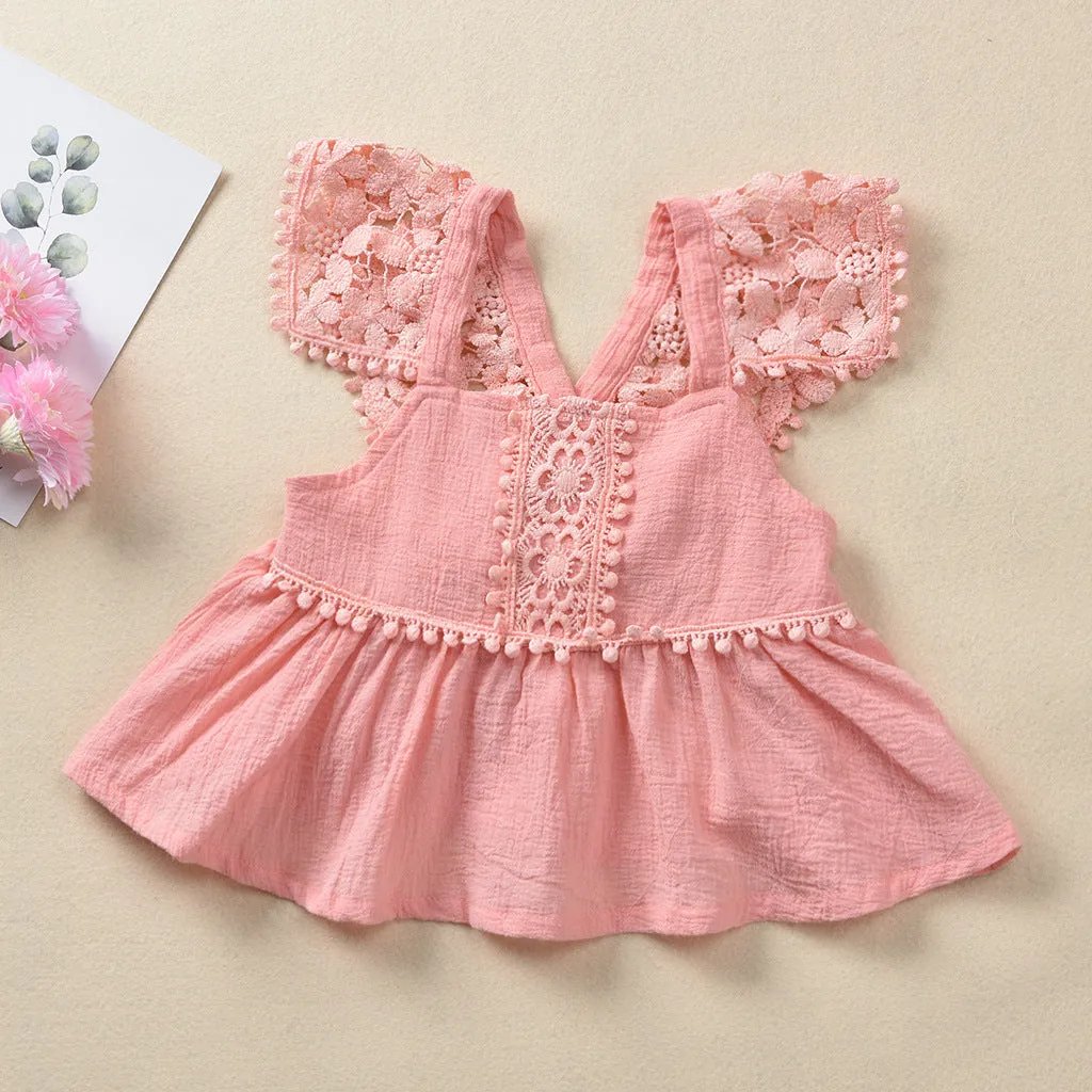 Baby Girls Summer Solid Sleeveless Hollow Lace Top Shorts Set