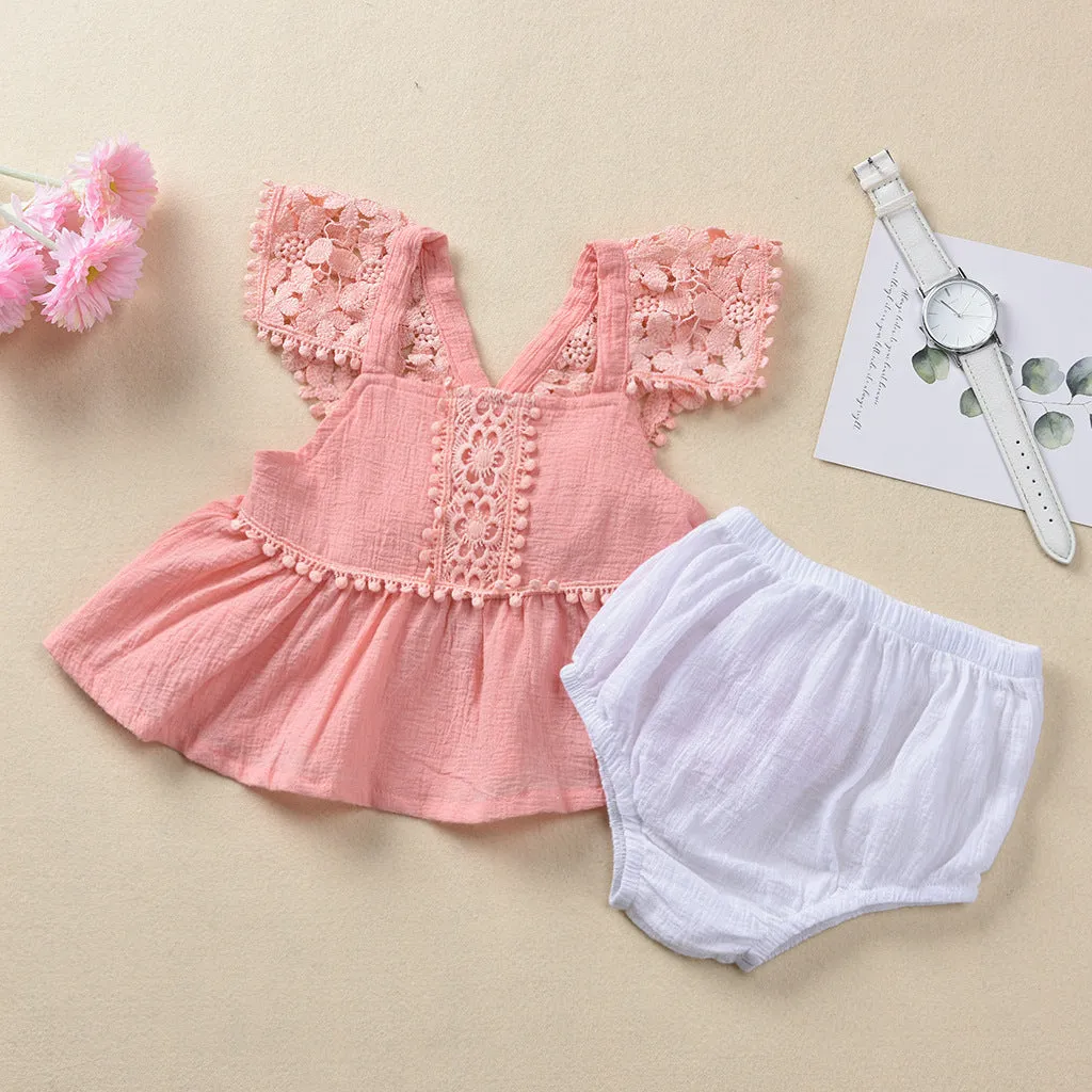 Baby Girls Summer Solid Sleeveless Hollow Lace Top Shorts Set