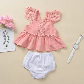 Baby Girls Summer Solid Sleeveless Hollow Lace Top Shorts Set