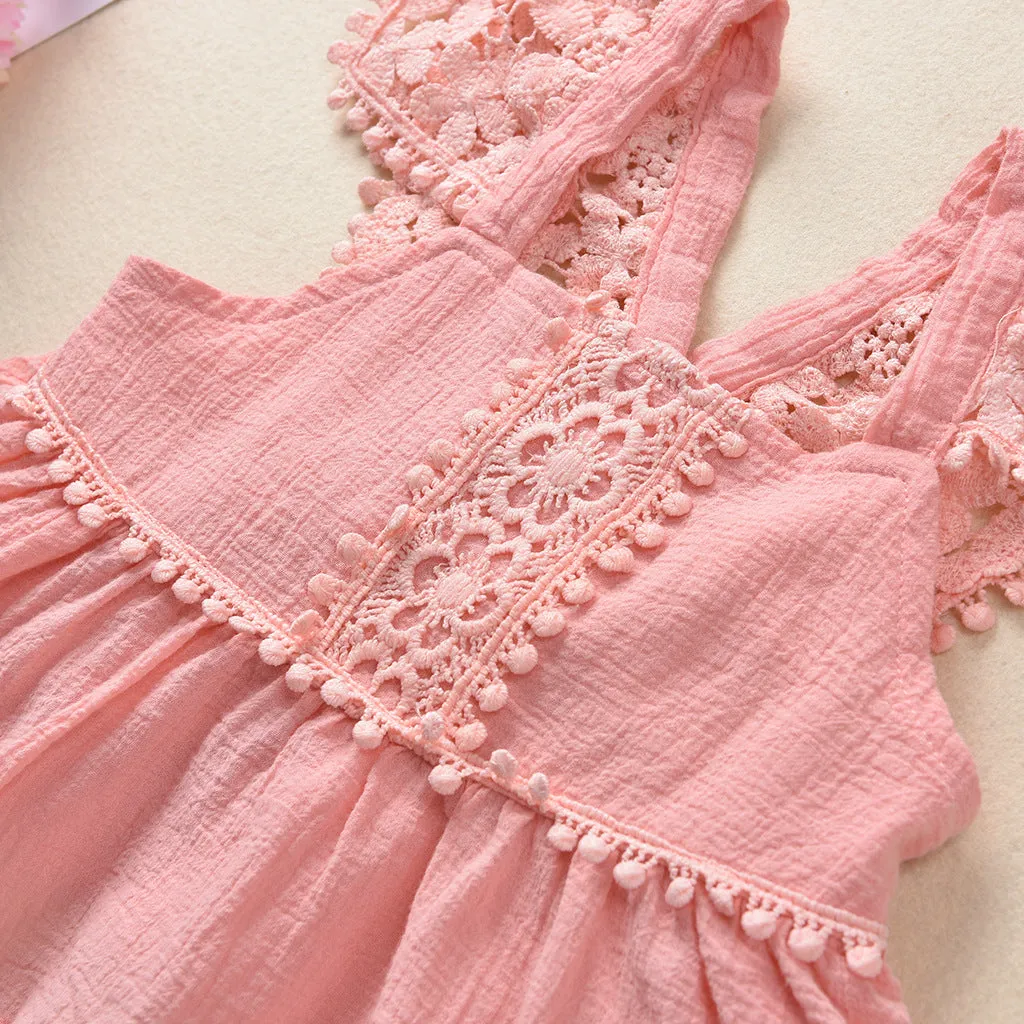 Baby Girls Summer Solid Sleeveless Hollow Lace Top Shorts Set