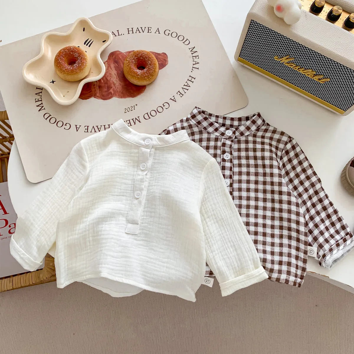 Baby Kid Girls Boys Solid Color Checked Tops Wholesale 23101905