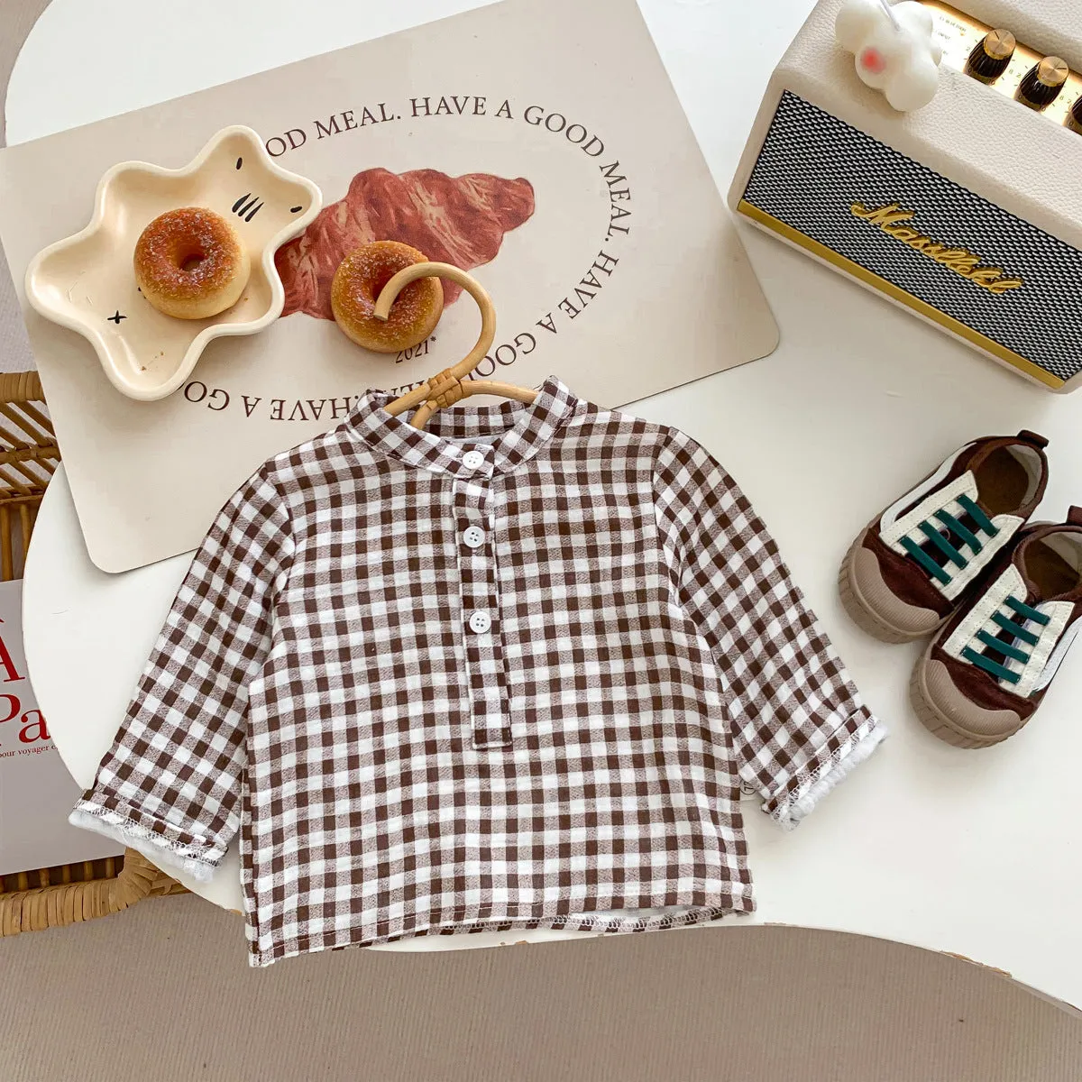 Baby Kid Girls Boys Solid Color Checked Tops Wholesale 23101905