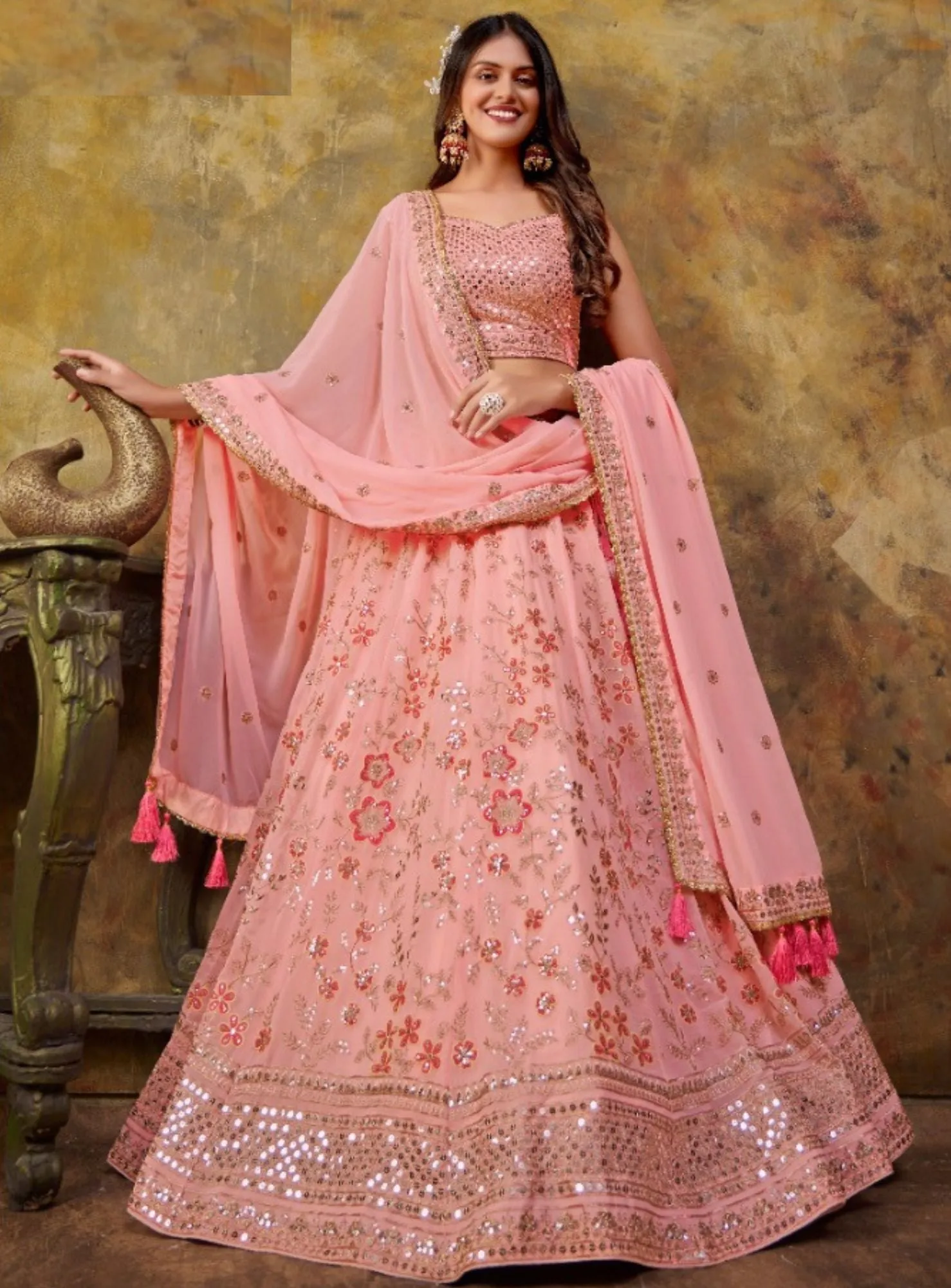 BABY PINK MAHARANI FLORAL EMBROIDERY LEHENGA SET -RENT