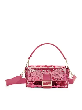 Baguette bag in leather and fuchsia sequins