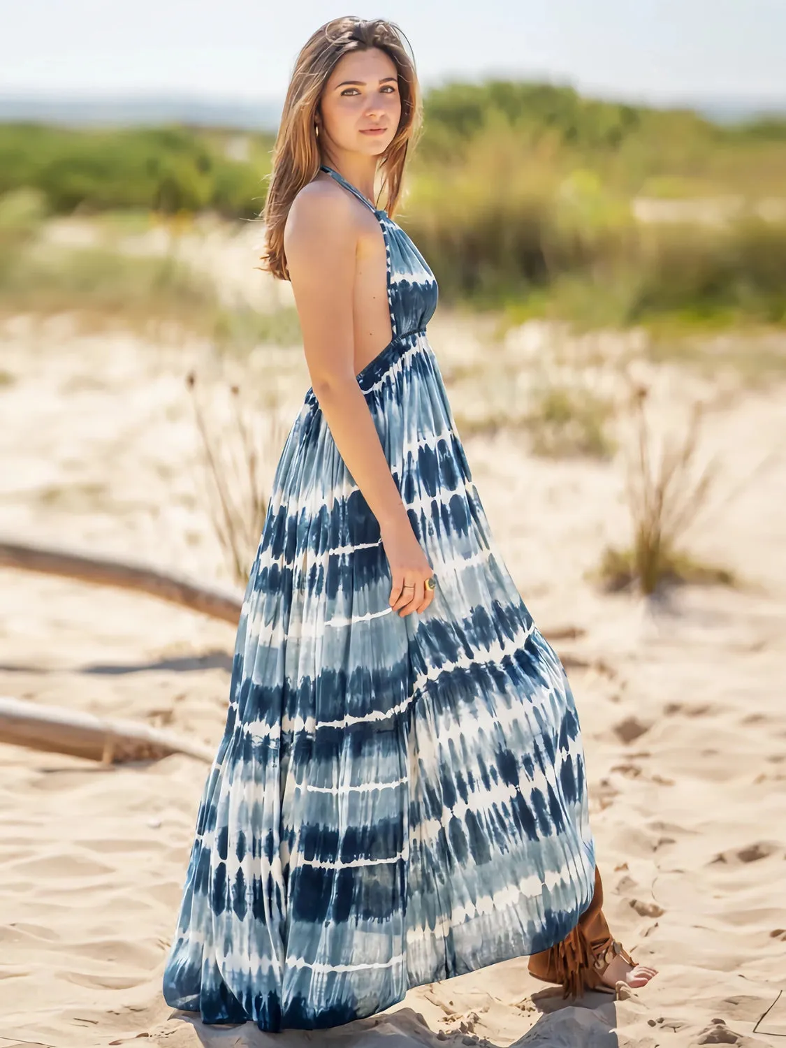 Beach Wedding Guest Attire for Women: Tie-Dye Sleeveless Halter Neck Dress