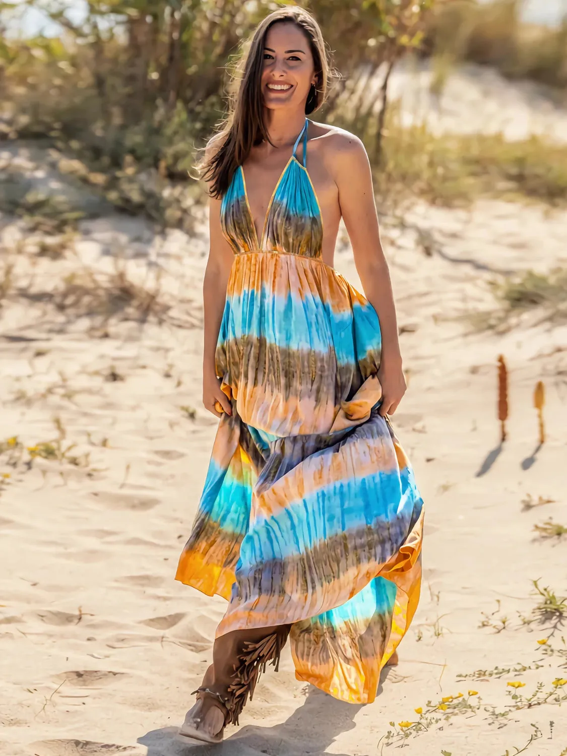 Beach Wedding Guest Attire for Women: Tie-Dye Sleeveless Halter Neck Dress