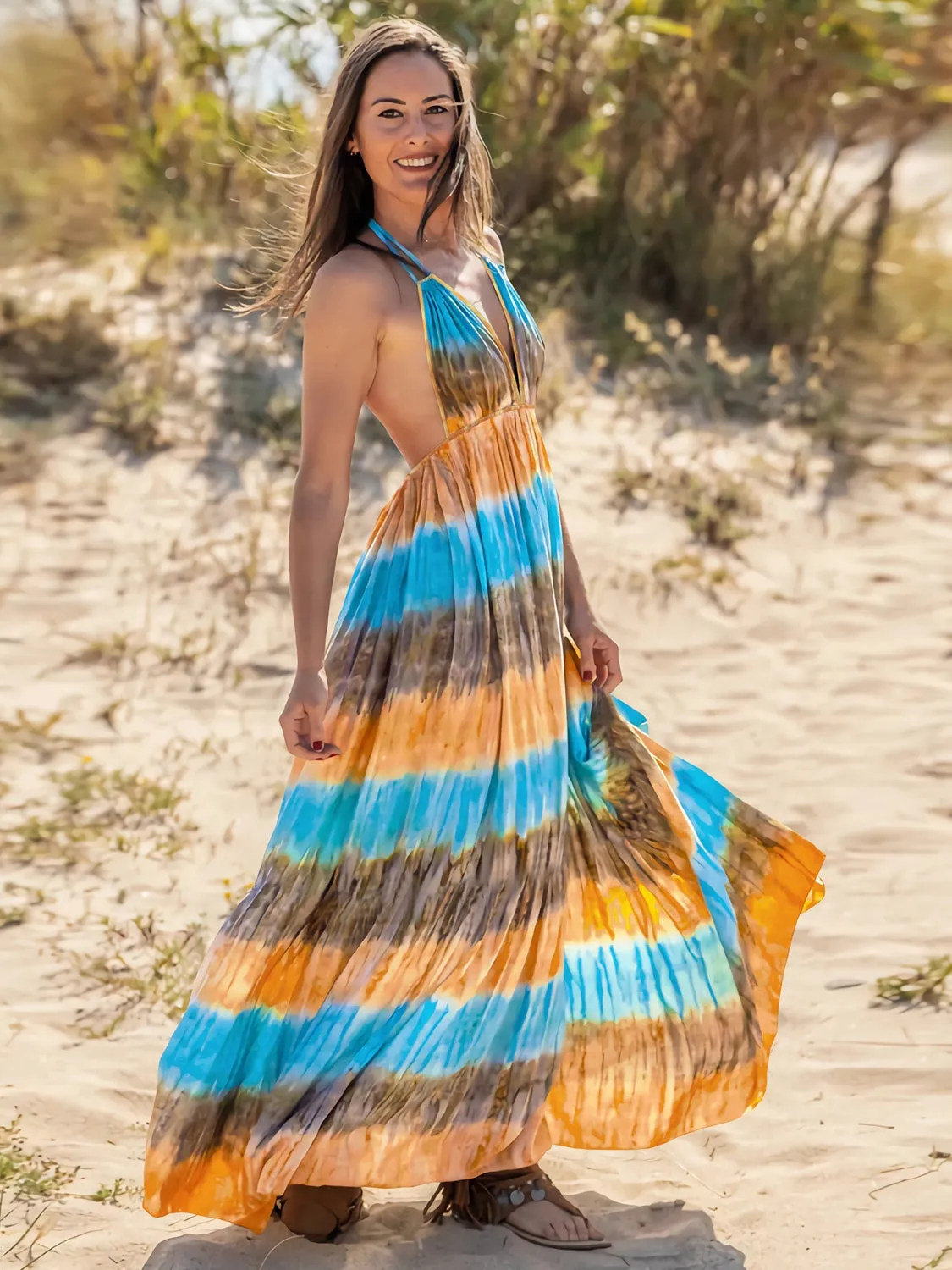 Beach Wedding Guest Attire for Women: Tie-Dye Sleeveless Halter Neck Dress