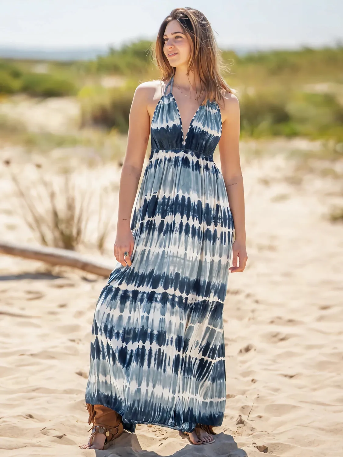 Beach Wedding Guest Attire for Women: Tie-Dye Sleeveless Halter Neck Dress