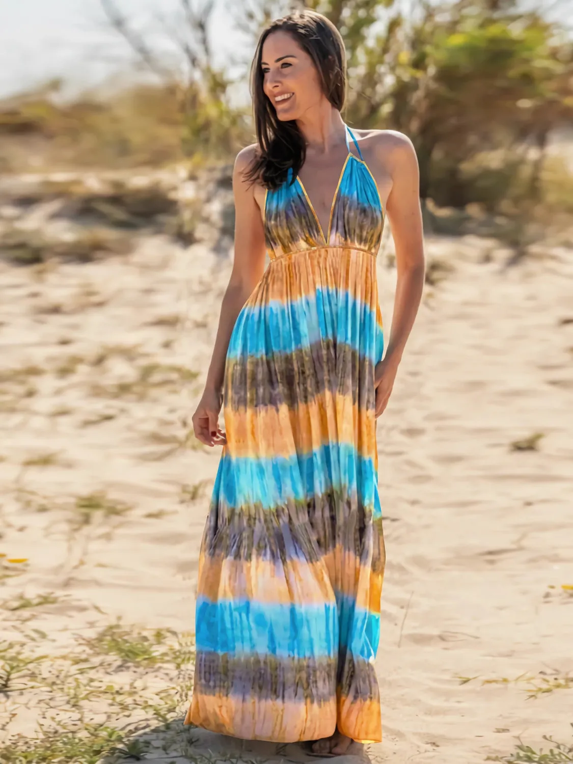 Beach Wedding Guest Attire for Women: Tie-Dye Sleeveless Halter Neck Dress