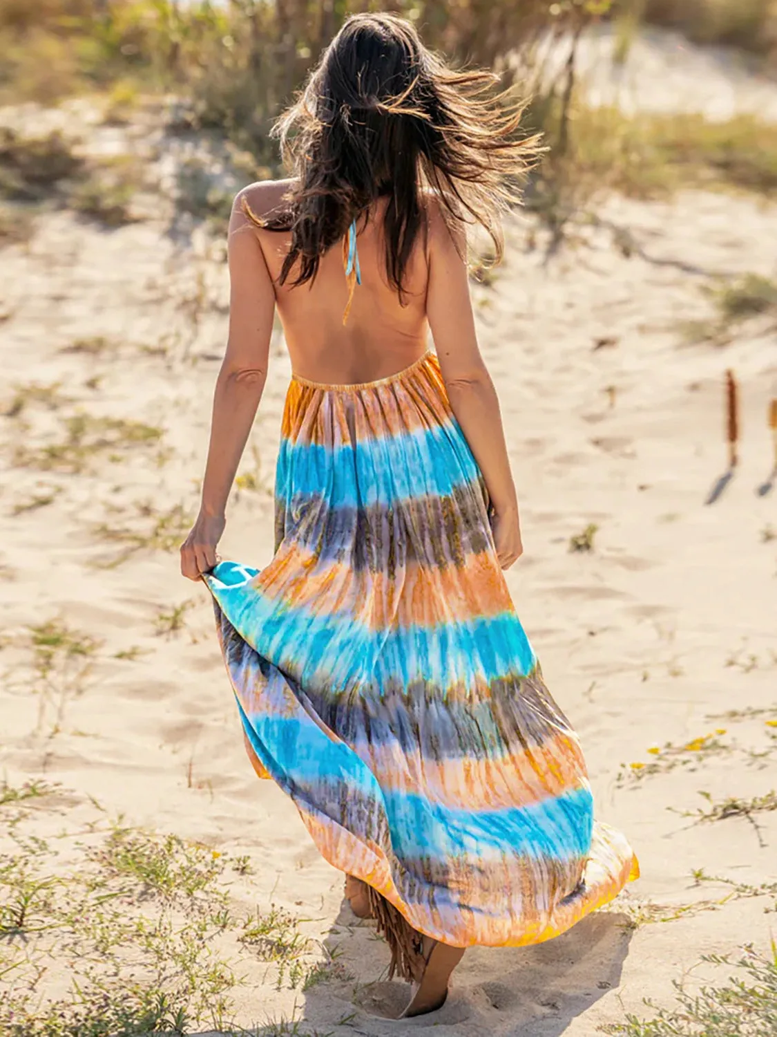 Beach Wedding Guest Attire for Women: Tie-Dye Sleeveless Halter Neck Dress